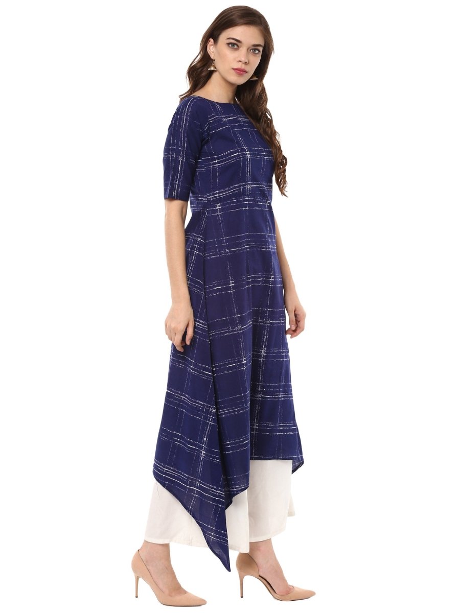Ahalyaa Women Blue Checked A-Line Asymmetric Kurta - Distacart