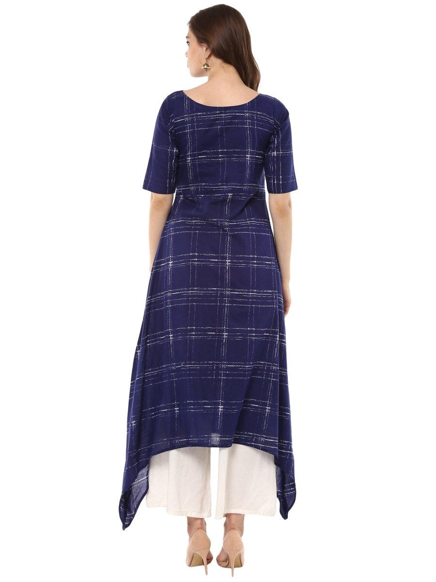 Ahalyaa Women Blue Checked A-Line Asymmetric Kurta - Distacart