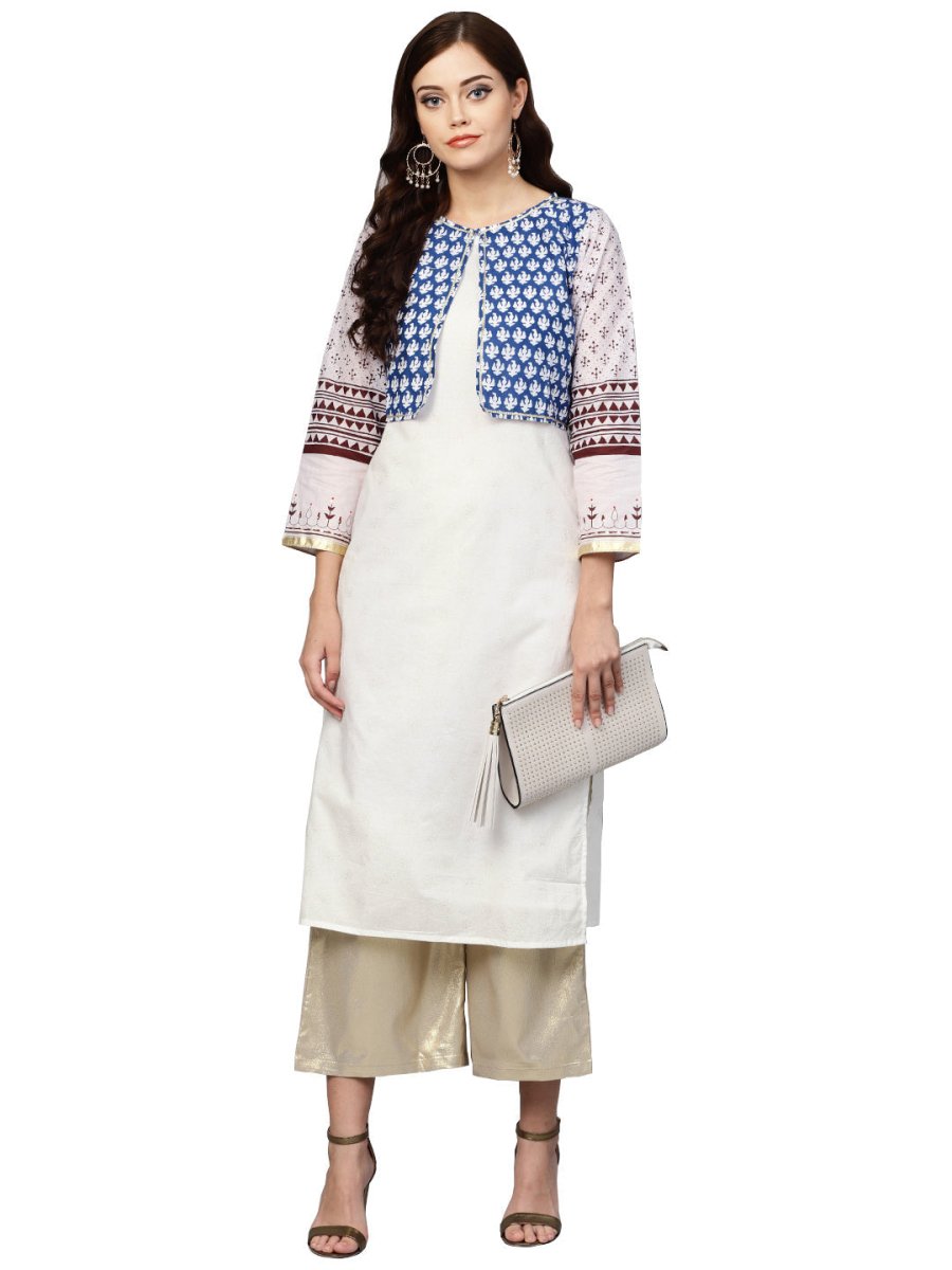 Ahalyaa Printed Straight Cotton Blend Kurta with koti Jacket