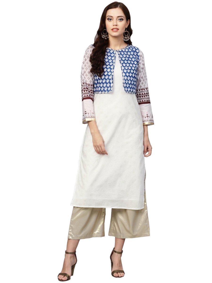 Ahalyaa Printed Straight Cotton Blend Kurta with koti Jacket