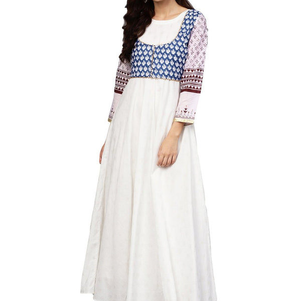 Ahalyaa White And Blue Printed Flare Cotton Jacket Kurta For Women