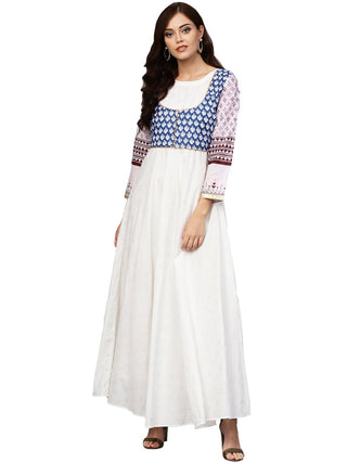 Ahalyaa White And Blue Printed Flare Cotton Jacket Kurta For Women