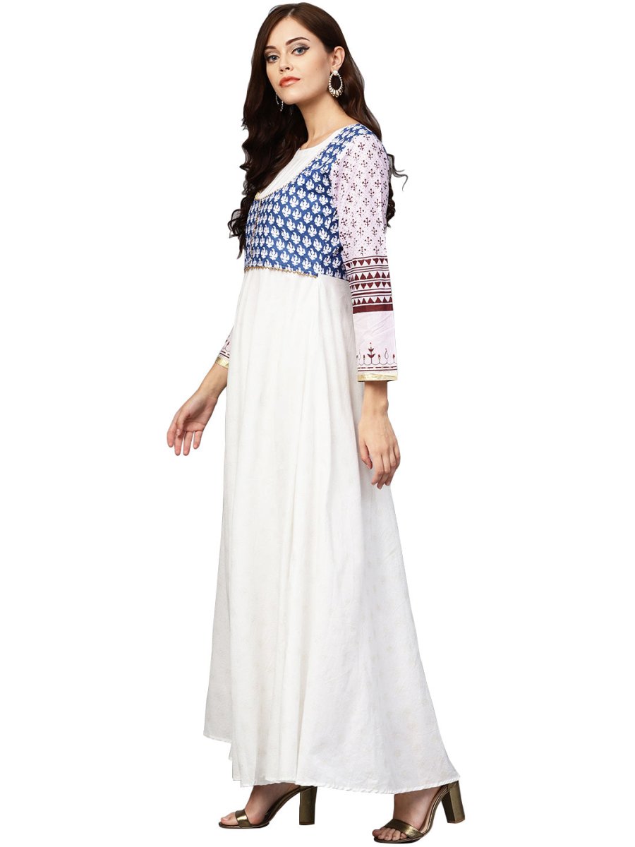 Ahalyaa White And Blue Printed Flare Cotton Jacket Kurta For Women