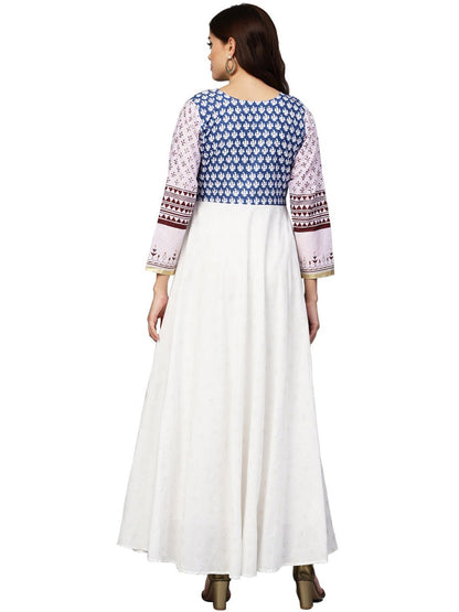 Ahalyaa White And Blue Printed Flare Cotton Jacket Kurta For Women