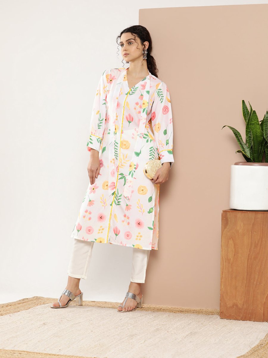 Ahalyaa Women White & Pink Floral Printed Floral Crepe Kurta - Distacart