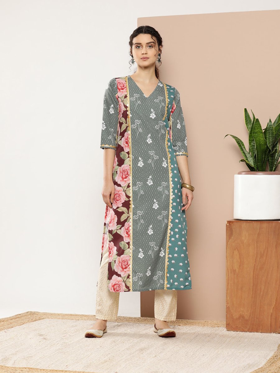 Ahalyaa Women Green & Pink Floral Printed Gotta Patti Floral Crepe Kurta - Distacart