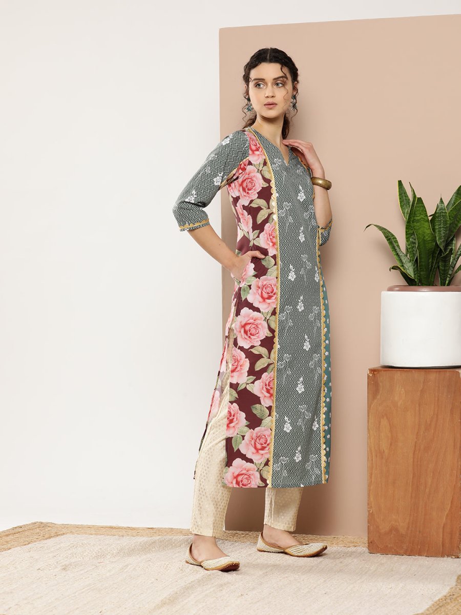 Ahalyaa Women Green & Pink Floral Printed Gotta Patti Floral Crepe Kurta - Distacart