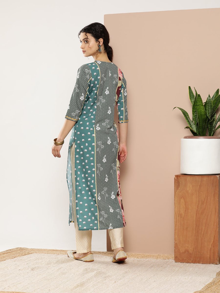 Ahalyaa Women Green & Pink Floral Printed Gotta Patti Floral Crepe Kurta - Distacart