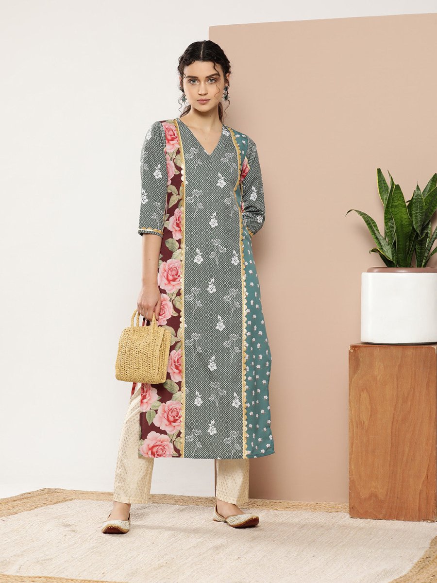 Ahalyaa Women Green & Pink Floral Printed Gotta Patti Floral Crepe Kurta - Distacart