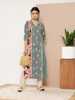 Thumbnail for Ahalyaa Women Green & Pink Floral Printed Gotta Patti Floral Crepe Kurta - Distacart