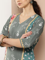 Thumbnail for Ahalyaa Women Green & Pink Floral Printed Gotta Patti Floral Crepe Kurta - Distacart