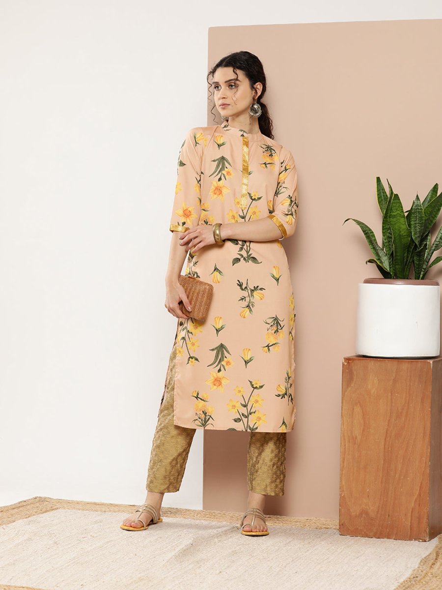 Ahalyaa Women Tan & Yellow Floral Printed Floral Crepe Kurta - Distacart