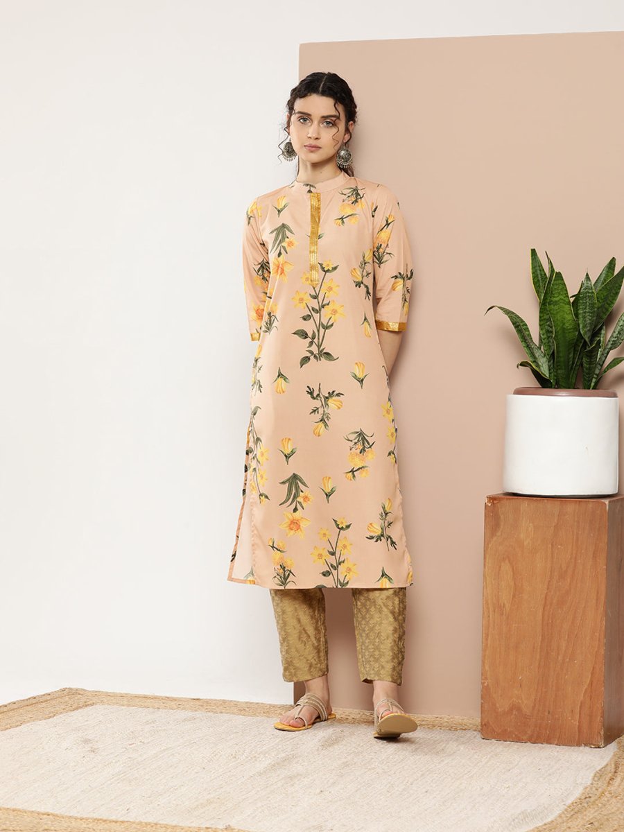 Ahalyaa Women Tan & Yellow Floral Printed Floral Crepe Kurta - Distacart