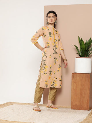 Ahalyaa Women Tan & Yellow Floral Printed Floral Crepe Kurta - Distacart