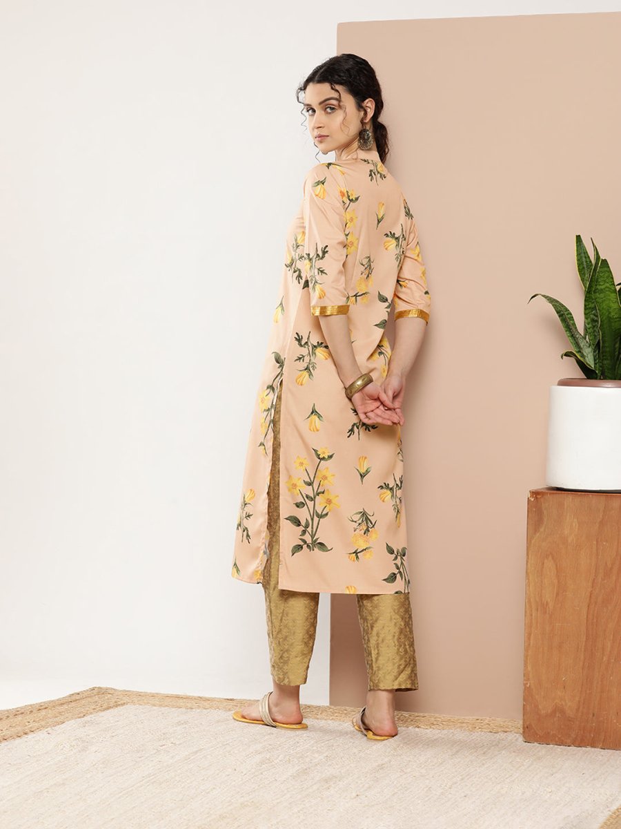Ahalyaa Women Tan & Yellow Floral Printed Floral Crepe Kurta - Distacart