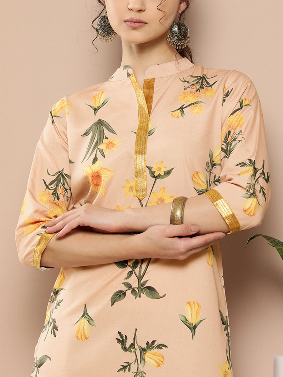 Ahalyaa Women Tan & Yellow Floral Printed Floral Crepe Kurta - Distacart