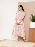 Thumbnail for Ahalyaa Women Pink & Green Printed Gotta Patti Floral Crepe Kurta - Distacart