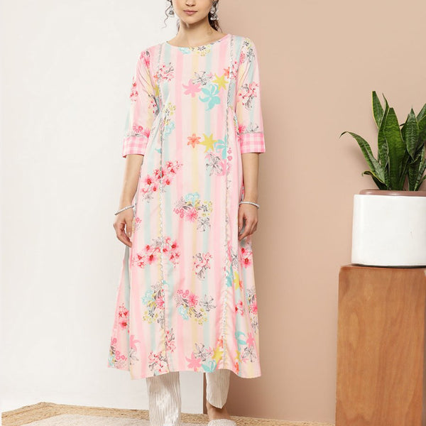 Ahalyaa Women Pink & Green Printed Gotta Patti Floral Crepe Kurta - Distacart
