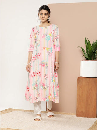 Ahalyaa Women Pink & Green Printed Gotta Patti Floral Crepe Kurta - Distacart