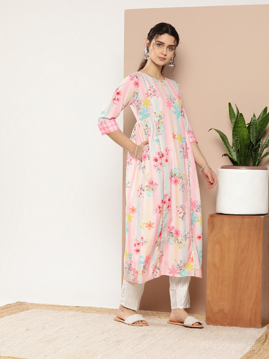 Ahalyaa Women Pink & Green Printed Gotta Patti Floral Crepe Kurta - Distacart