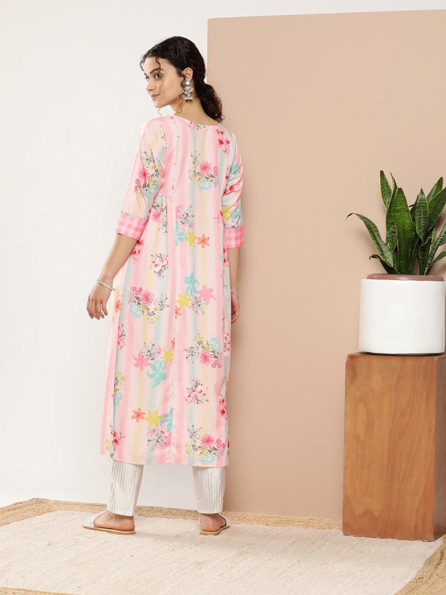 Ahalyaa Women Pink & Green Printed Gotta Patti Floral Crepe Kurta - Distacart