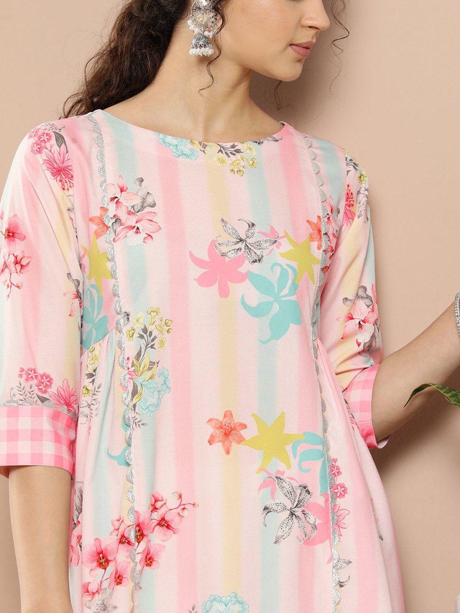 Ahalyaa Women Pink & Green Printed Gotta Patti Floral Crepe Kurta - Distacart