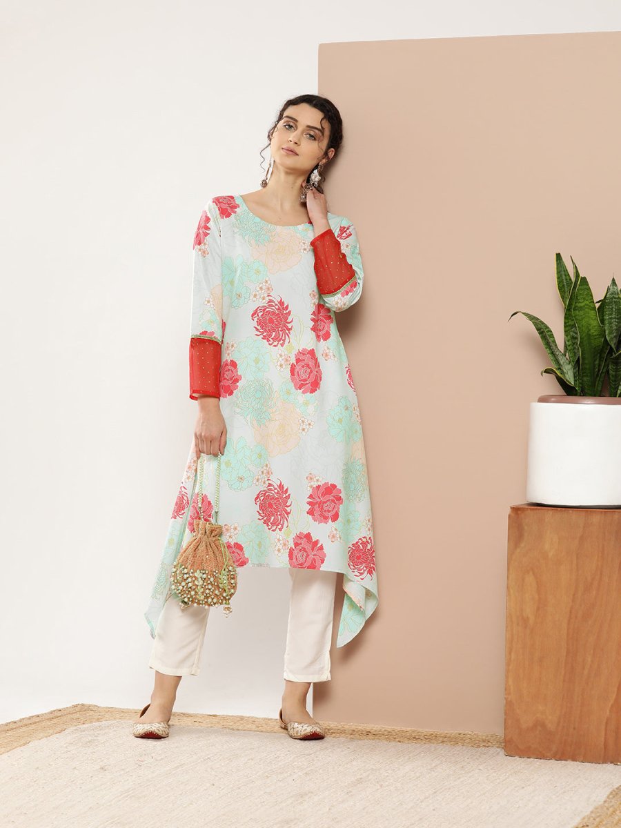 Ahalyaa Women Turquoise Blue & Red Floral Printed Gotta Patti Floral Crepe Kurta - Distacart
