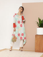 Thumbnail for Ahalyaa Women Turquoise Blue & Red Floral Printed Gotta Patti Floral Crepe Kurta - Distacart