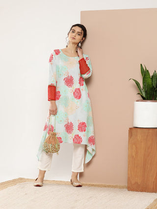 Ahalyaa Women Turquoise Blue & Red Floral Printed Gotta Patti Floral Crepe Kurta - Distacart