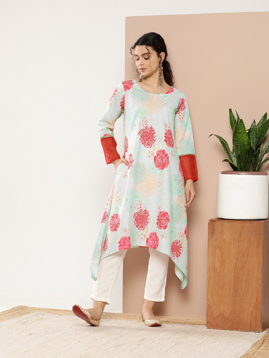 Ahalyaa Women Turquoise Blue & Red Floral Printed Gotta Patti Floral Crepe Kurta - Distacart