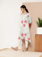 Thumbnail for Ahalyaa Women Turquoise Blue & Red Floral Printed Gotta Patti Floral Crepe Kurta - Distacart