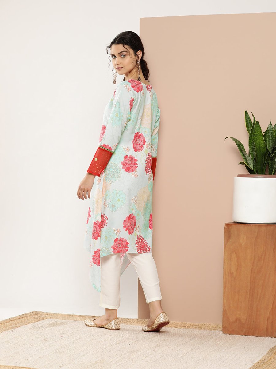 Ahalyaa Women Turquoise Blue & Red Floral Printed Gotta Patti Floral Crepe Kurta - Distacart