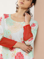 Thumbnail for Ahalyaa Women Turquoise Blue & Red Floral Printed Gotta Patti Floral Crepe Kurta - Distacart