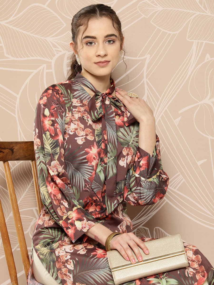 Ahalyaa Women Brown & Orange Floral Printed Crepe Kurta - Distacart