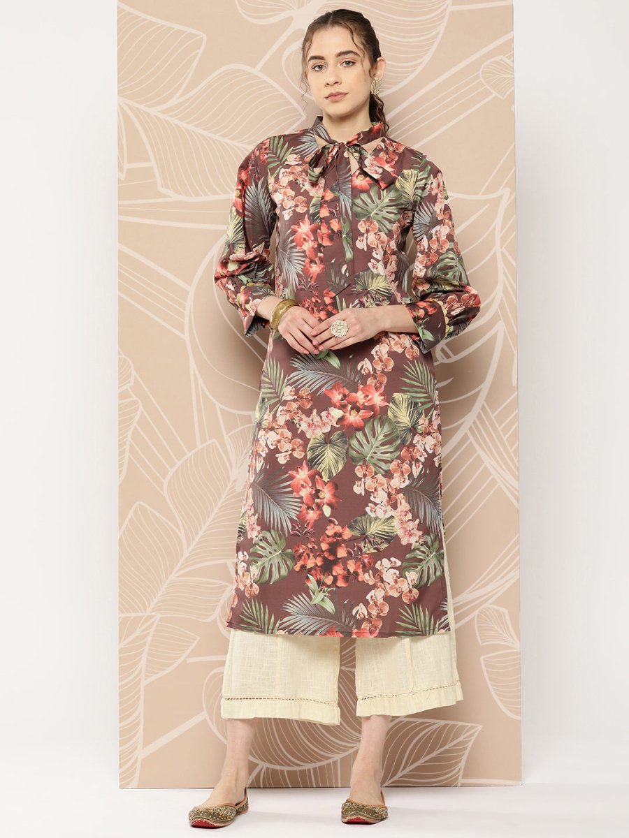 Ahalyaa Women Brown & Orange Floral Printed Crepe Kurta - Distacart