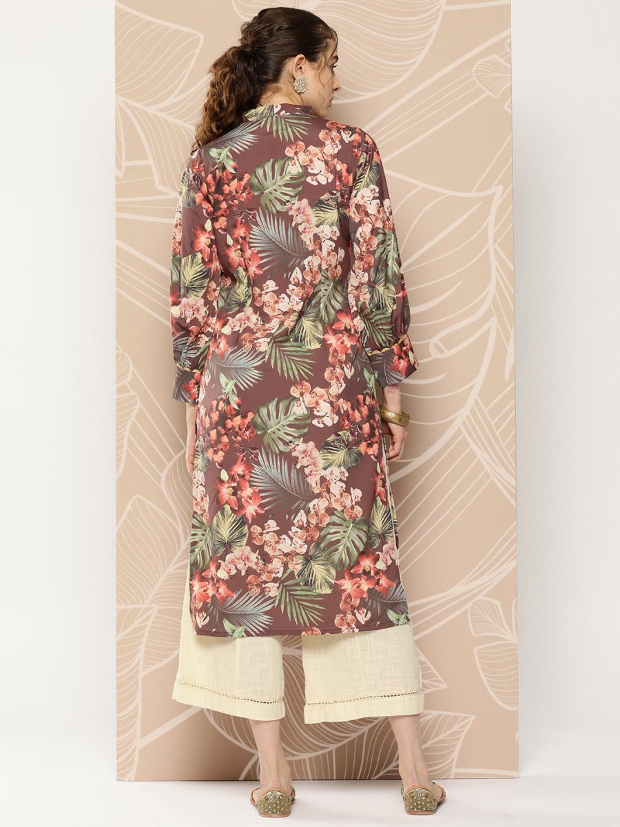 Ahalyaa Women Brown & Orange Floral Printed Crepe Kurta - Distacart