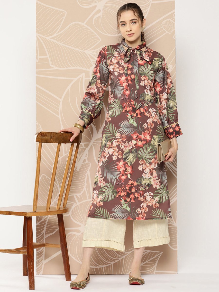 Ahalyaa Women Brown & Orange Floral Printed Crepe Kurta - Distacart