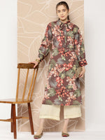 Thumbnail for Ahalyaa Women Brown & Orange Floral Printed Crepe Kurta - Distacart