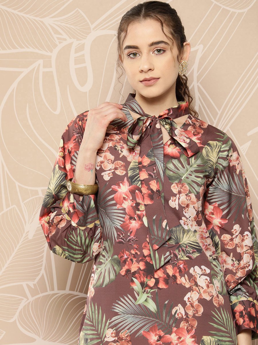 Ahalyaa Women Brown & Orange Floral Printed Crepe Kurta - Distacart
