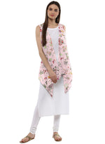 Thumbnail for Ahalyaa White & Pink Floral Scarf Cape Attached Straight Kurta