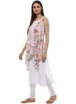 Thumbnail for Ahalyaa White & Pink Floral Scarf Cape Attached Straight Kurta