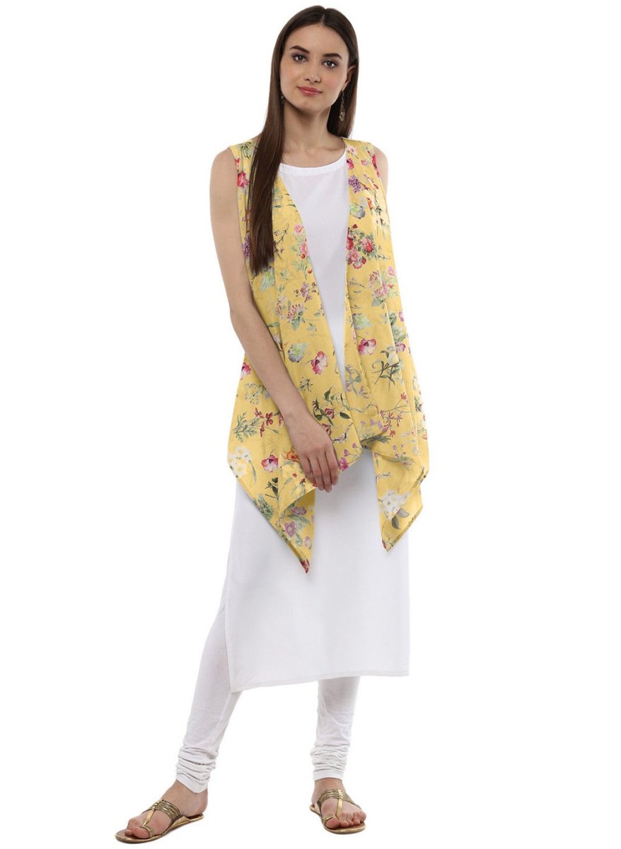 Ahalyaa White & Yellow Floral Scarf Cape Attached Straight Kurta