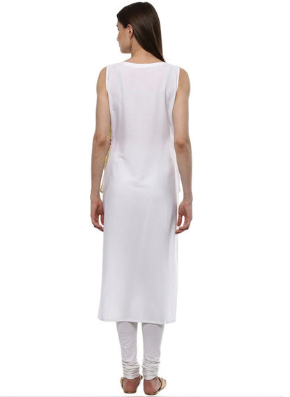 Ahalyaa White & Yellow Floral Scarf Cape Attached Straight Kurta