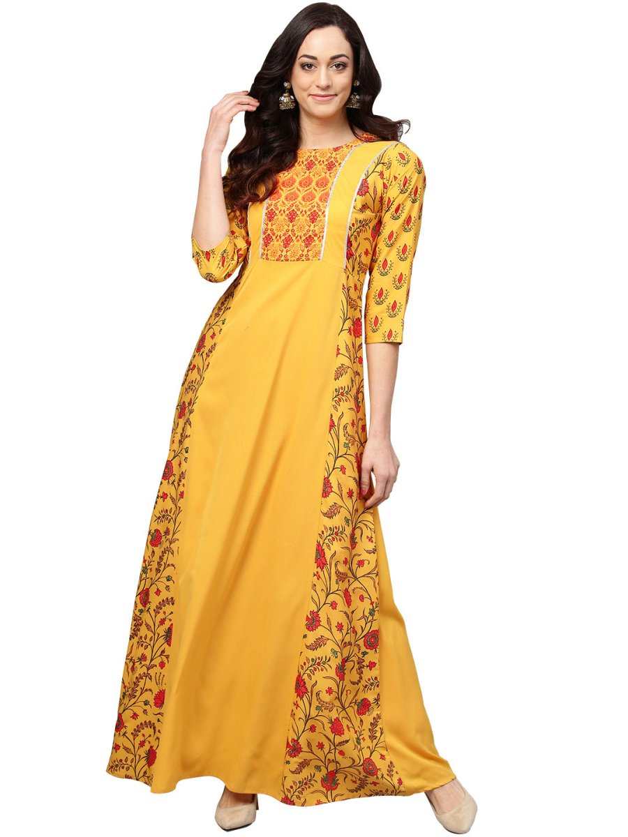 Ahalyaa Women Yellow & Orange Printed Flared Maxi Dress - Distacart