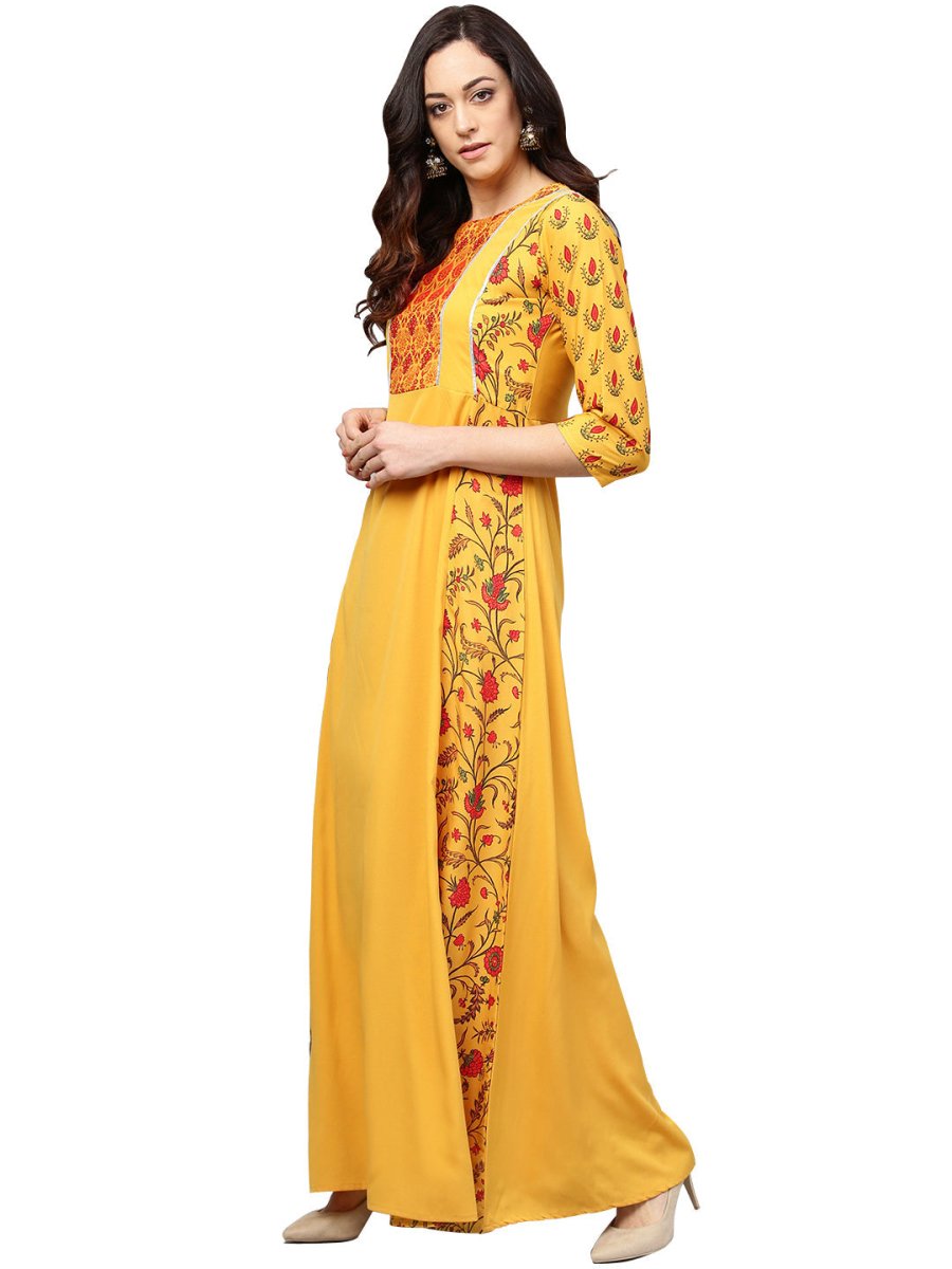 Ahalyaa Women Yellow & Orange Printed Flared Maxi Dress - Distacart