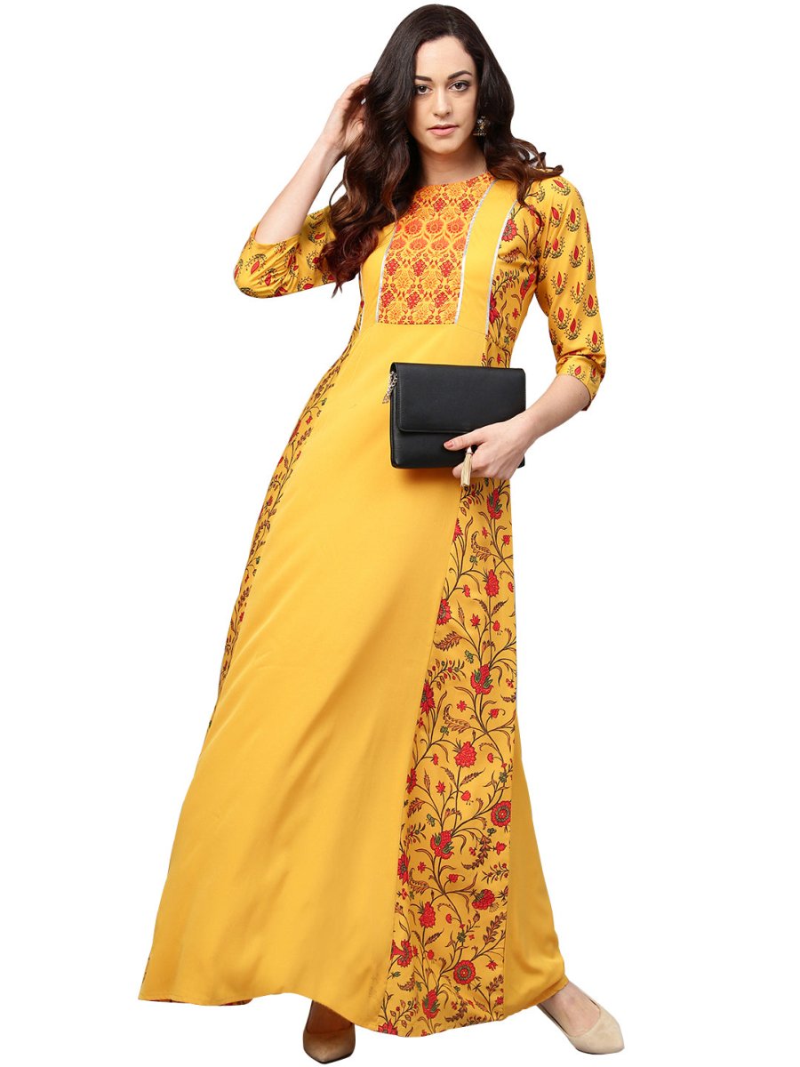 Ahalyaa Women Yellow & Orange Printed Flared Maxi Dress - Distacart