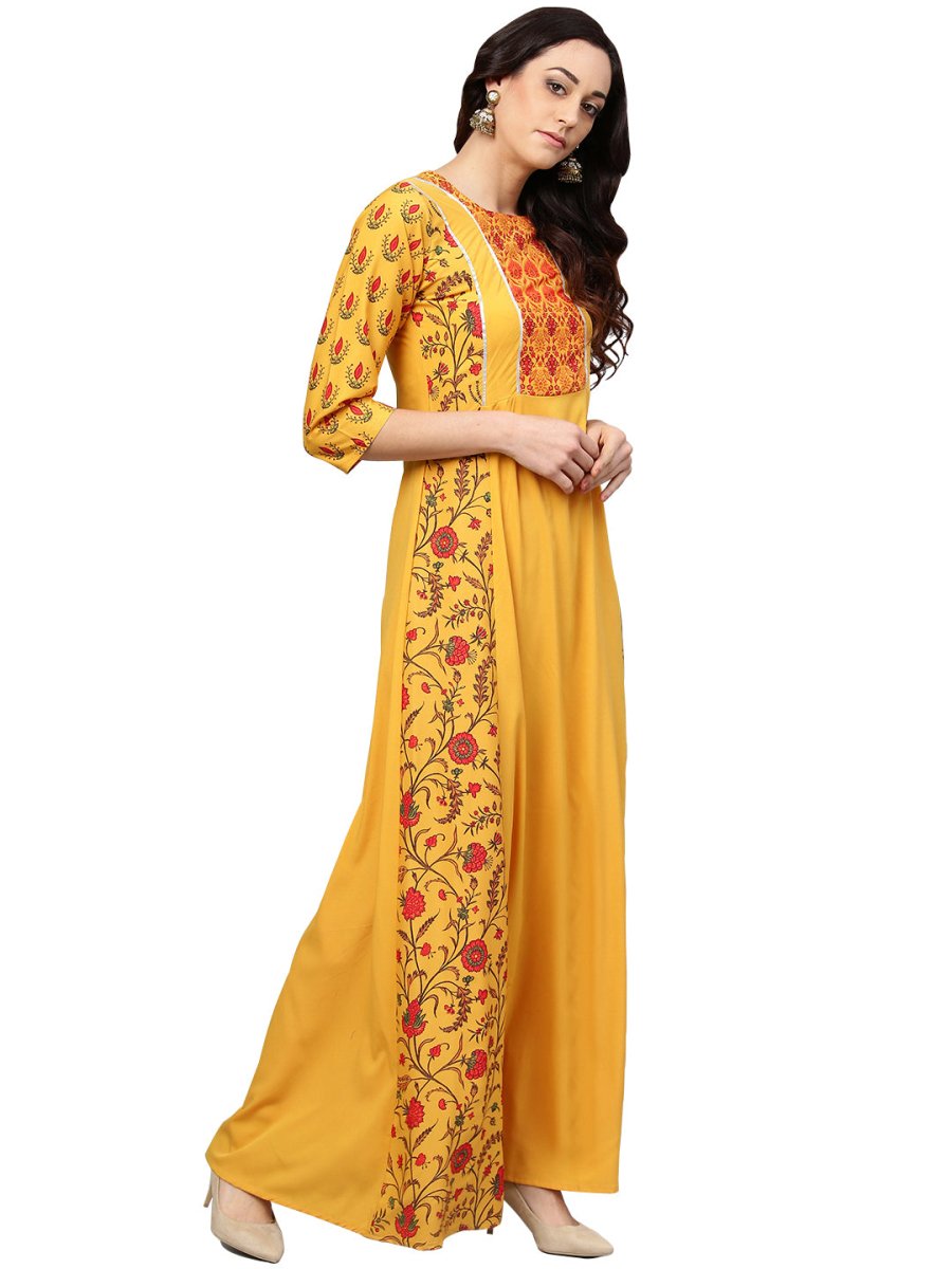 Ahalyaa Women Yellow & Orange Printed Flared Maxi Dress - Distacart