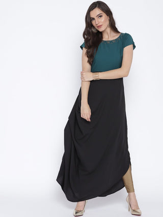 Ahalyaa Women Black & Green Colourblocked A-Line Kurta - Distacart
