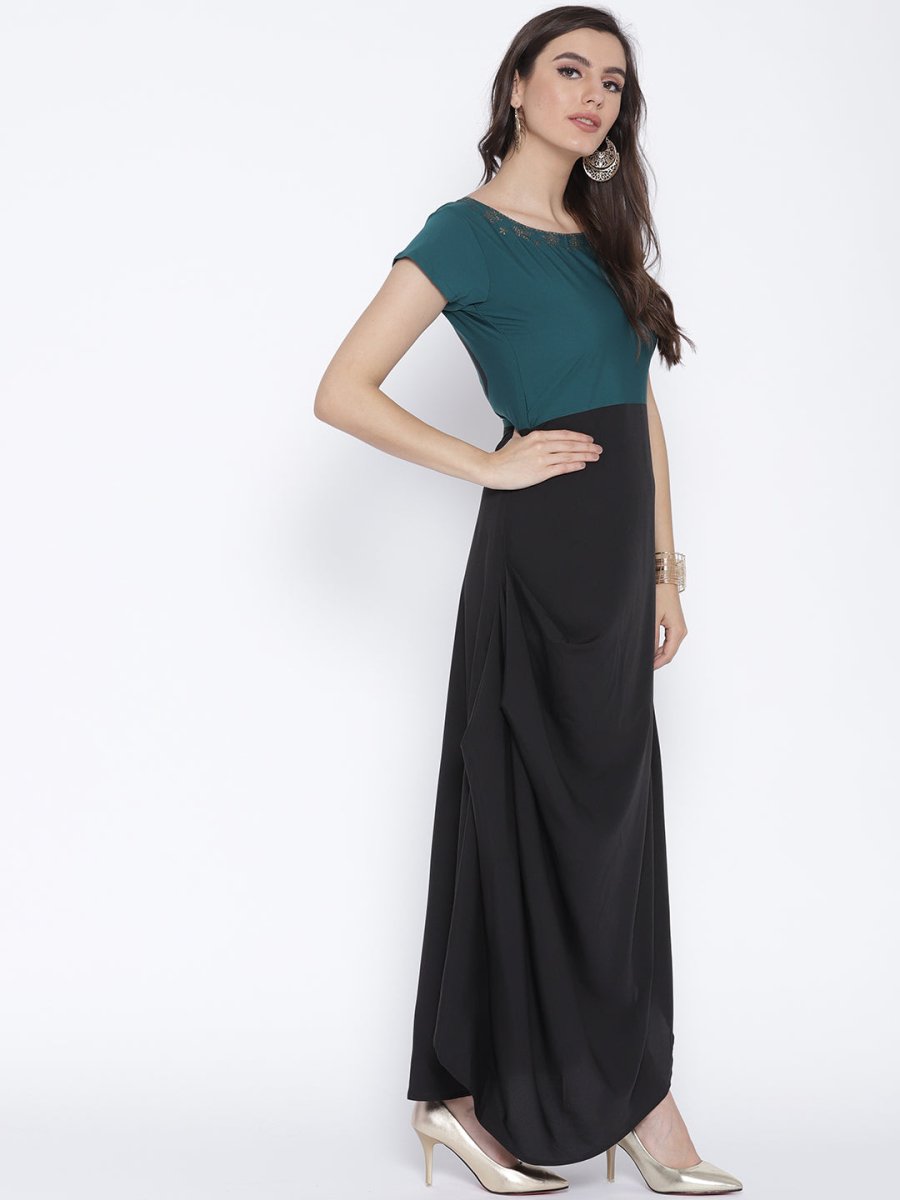 Ahalyaa Women Black & Green Colourblocked A-Line Kurta - Distacart