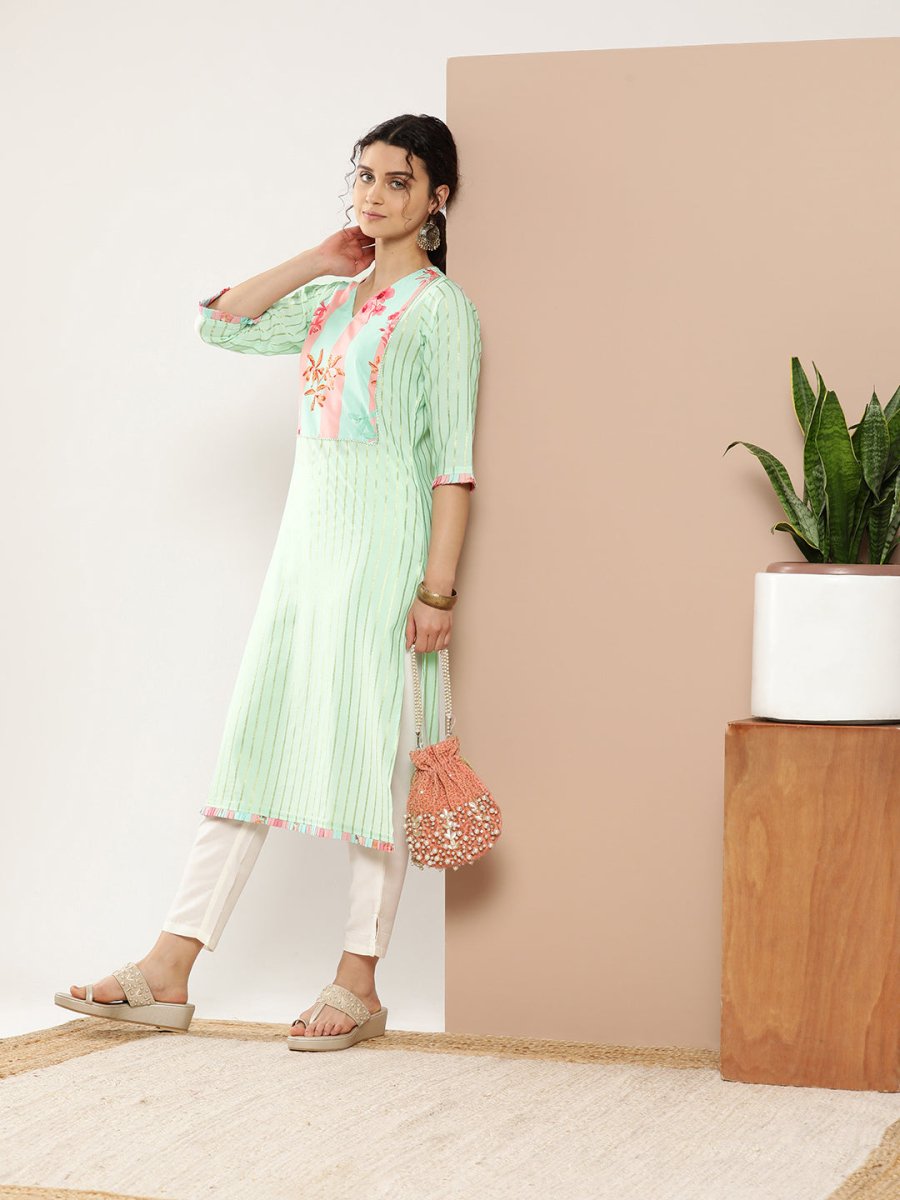 Ahalyaa Women Sea Green & Pink Striped Gotta Patti Floral Crepe Kurta - Distacart